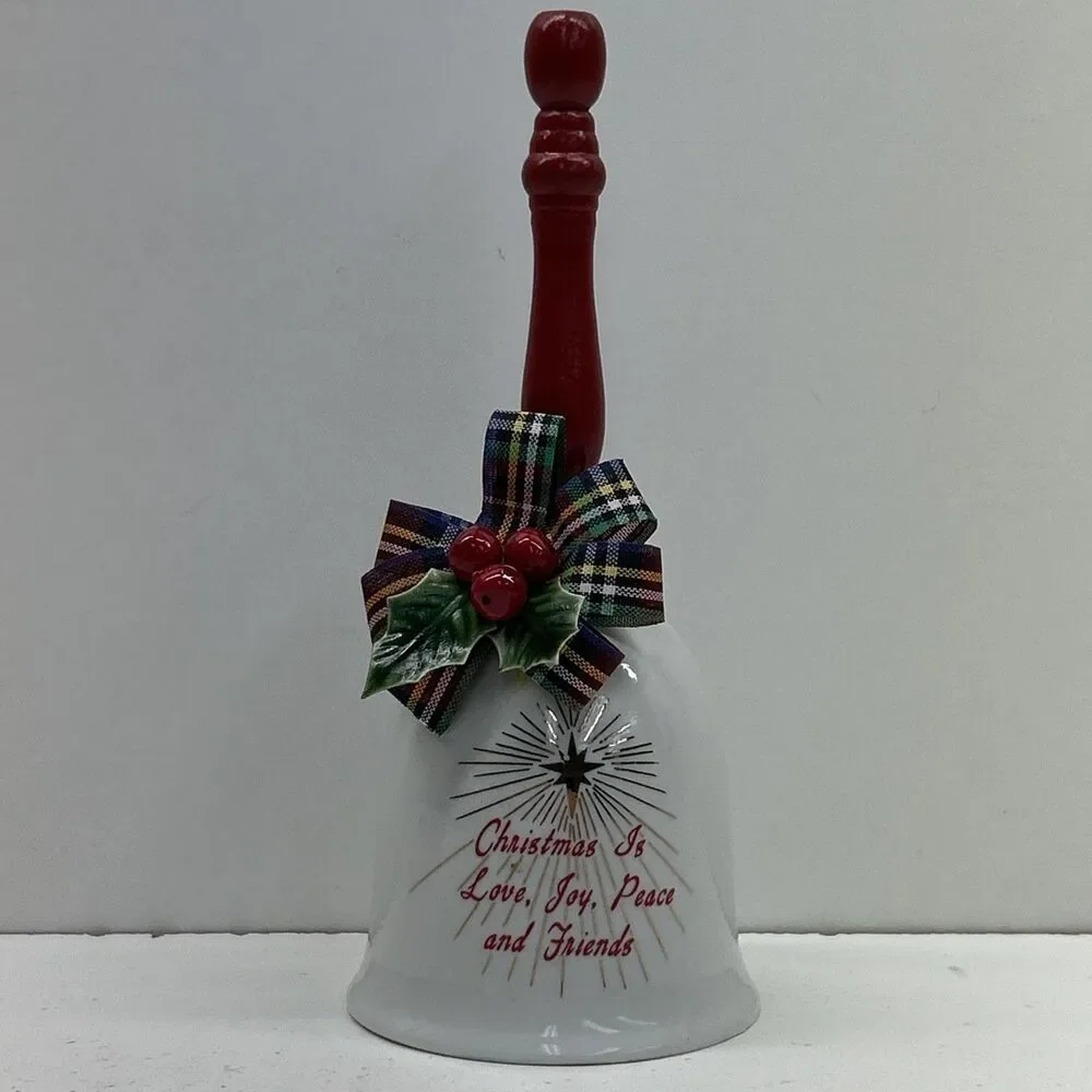 Christmas Is Love Joy Peace and Friends Bell Holly Bow‎ Wood Handle Holiday